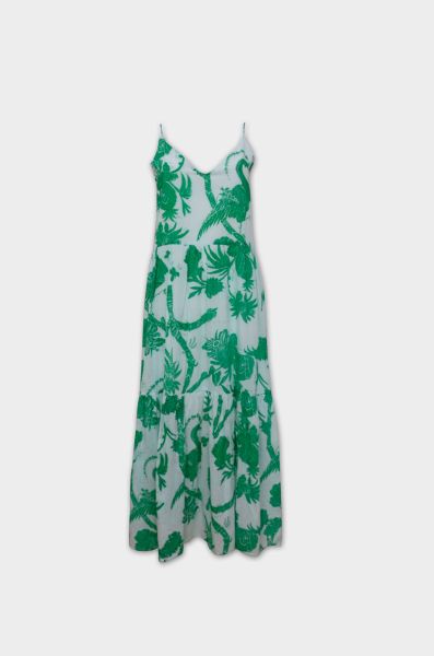 Long strap dress in green white print