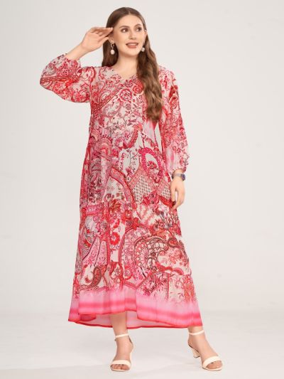Wide dress with ornament print in red white