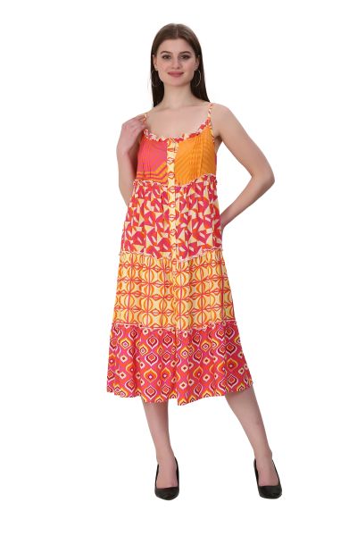 Strap dress with combined fabric in retro print