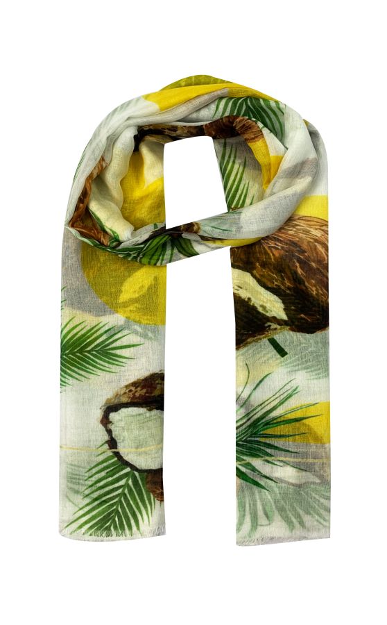 Fine soft scarf with coconut prints allover based on white