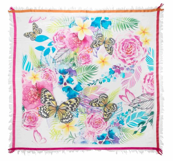 Fine big scarf with flower and butterfly print based on white and framed with orange and red border and decorated with frames