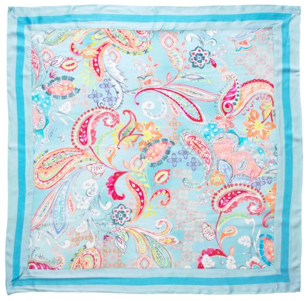 Fine big scarf with colorfull paisley print based on lightblue and with blue and turqoise border all around