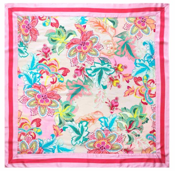 Fine big scarf with colorfull flowers print based on lightpink and with pink and rose border all around