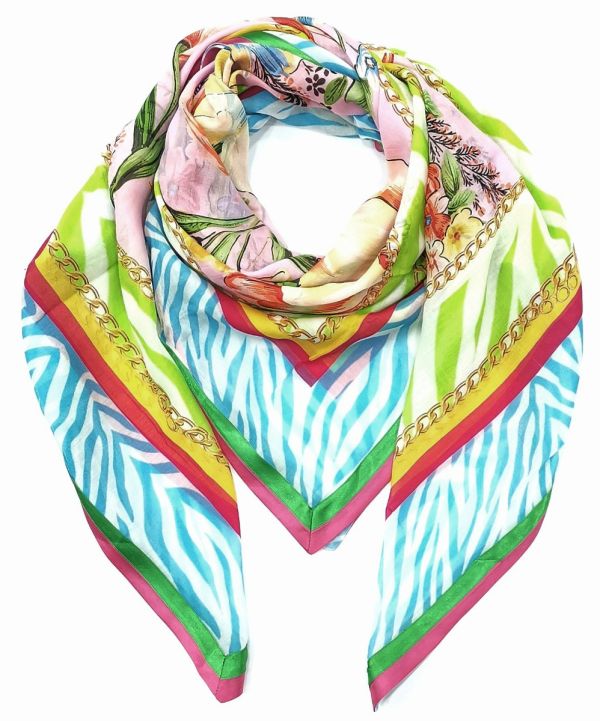 Big square scarf with colorfull flowers print framed with satin woven band in pink and green