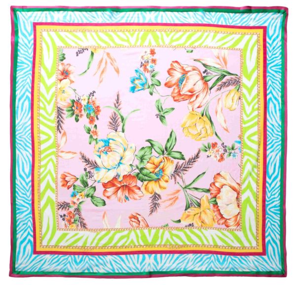 Big square scarf with colorfull flowers print framed with satin woven band in pink and green